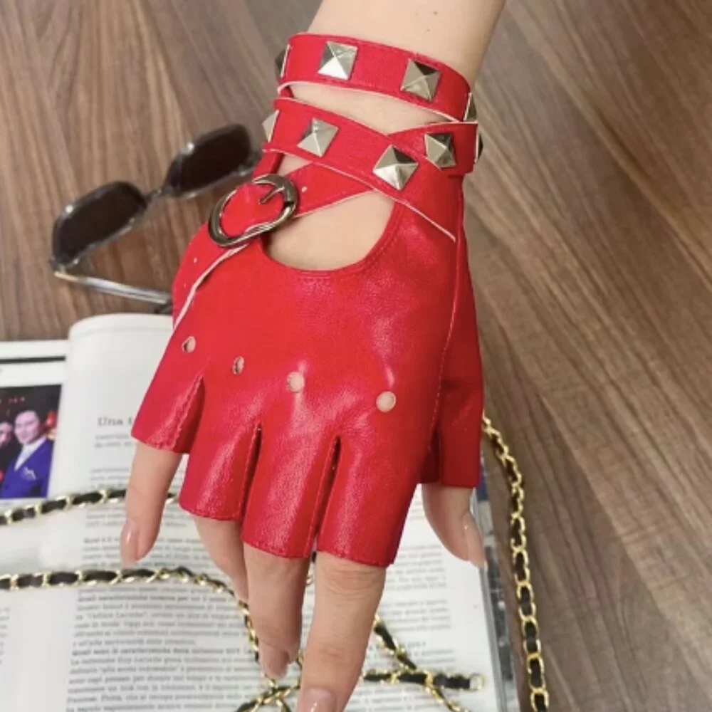 Pu Leather Fingerless Studded Red Gloves